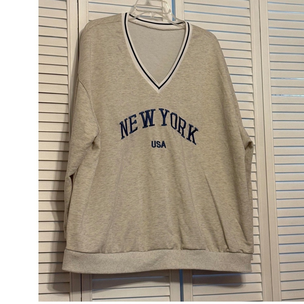 SHEIN Curve New York USA V-Neck Sweatshirt Heather Gray Plus Size 4XL Collegiate